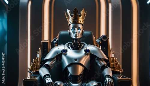 illustration of a robot wearing a crown sitting on a throne. robots dominate. image created using generative ai tools