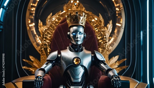 illustration of a robot wearing a crown sitting on a throne. robots dominate. image created using generative ai tools