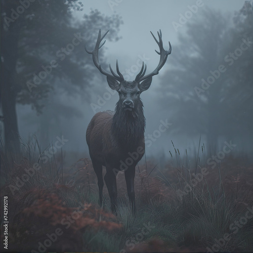 Deer stands in the forest in the fog 