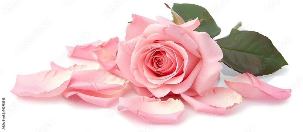 A delicate pink rose with lush green leaves provides a stunning contrast against a clean white background. The intricate details of the rose petals and leaves stand out beautifully in this simple yet