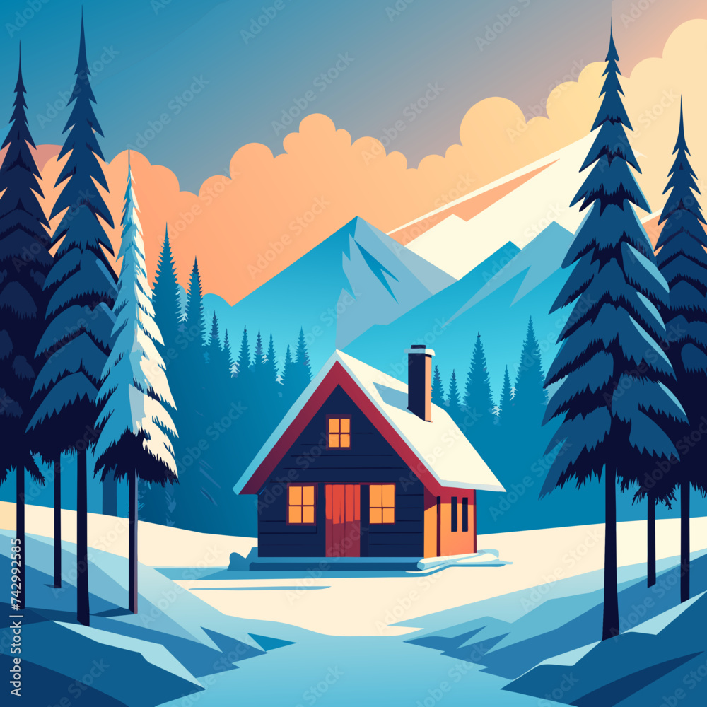 A cozy cabin nestled in a snowy forest. vektor illustation