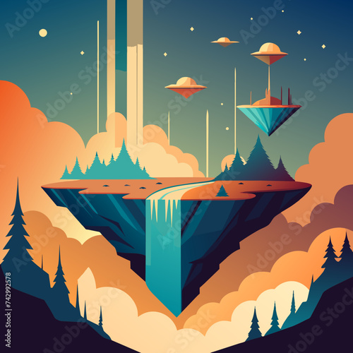 Surreal floating islands with cascading waterfalls. vektor illustation