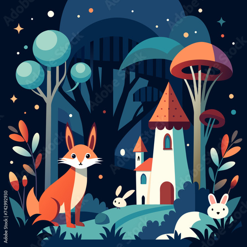Whimsical outlines of fantastical creatures living in an enchanted forest. vektor illustation