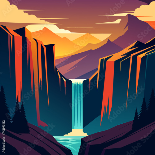 Bold outlines of majestic waterfalls cascading down rocky cliffs. vektor illustation