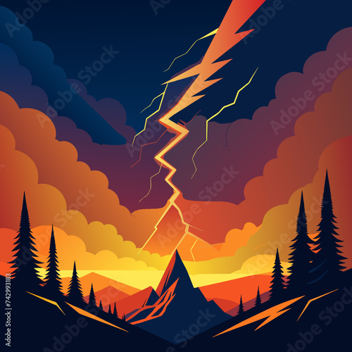 Bold outlines of dramatic lightning strikes illuminating the night sky. vektor illustation