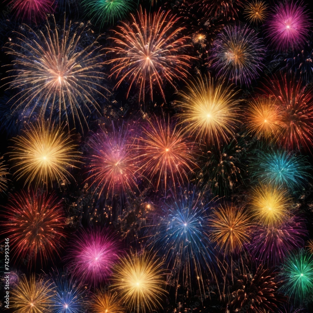 A background adorned with the dazzling display of fireworks, painting the sky with bursts of light and color.