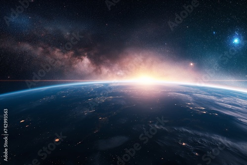 A panoramic view highlighting the thin layer of Earth s atmosphere  the boundary between our planet and the vastness of space. 