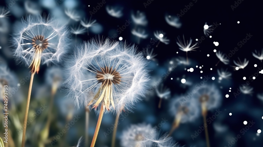 Beautiful dandelion seeds on a dark for spring and summer wide concept background Beautiful dandelion seeds on a dark for spring and summer wide concept background