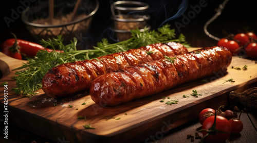 Grilled sausages on a wooden table. Puffed German sausages Brandenburger