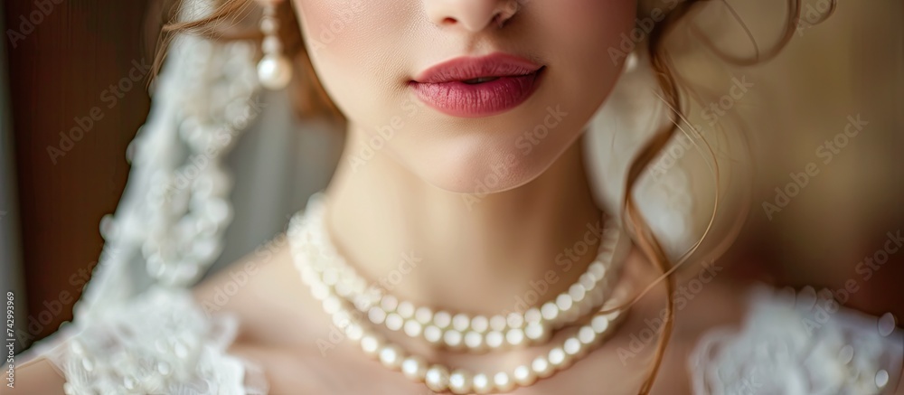 A close-up photograph featuring a beautiful bride in a white wedding gown adorned with a delicate pearl necklace, exuding elegance and grace on her special day.