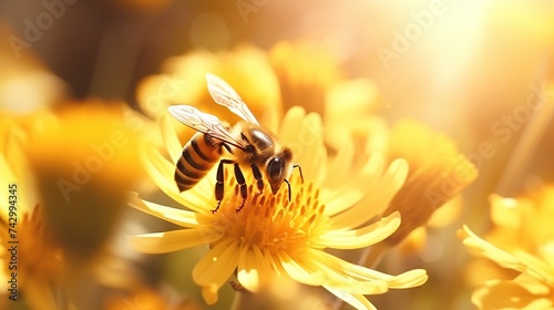 Beautiful bee on a flower with soft bokeh sun light. Macro, summer and spring concept background. © Alpa