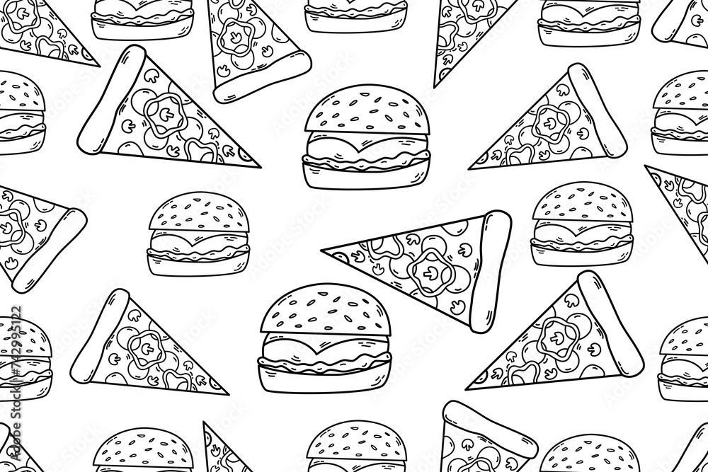  Pizza sketch.  Hand drawn fast food doodle pattern