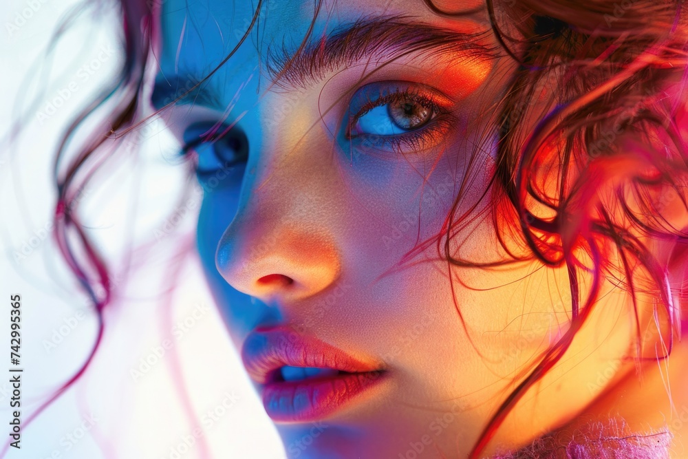 Close-up of Woman with Colorful Lighting. Artistic portrait of a young woman's face bathed in vibrant blue and red lights, highlighting her features.


