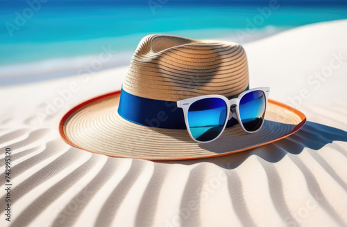 Straw hat and sunglasses on the beach. Beach holiday concept. Summer vacation banner