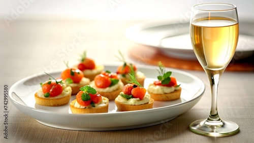 Plate of Delicate Hors d'Oeuvres Next to Champagne Glass