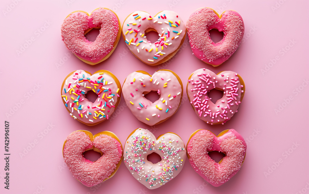 Heart shape doughnuts with sprinkles. Valentine's Day gift. Made with love. Heart shape doughnuts with sprinkles. Valentine's Day gift. Made with love.