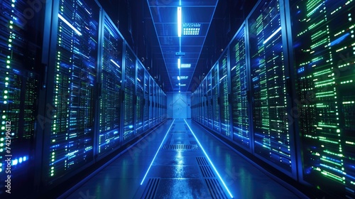 A high-tech data center with rows of servers, blue and green LED lights, symbolizing advanced technology and data storage. Resplendent.