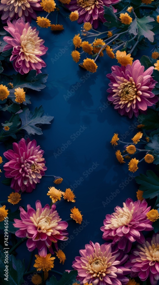 Deep purple and golden chrysanthemums dance elegantly on a rich midnight blue background. The contrast of warm and cool tones evokes a mysterious, yet inviting garden scene.