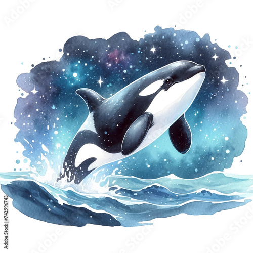 Watercolor Orca Leaping Out of Water Set Against a Cosmic Background.