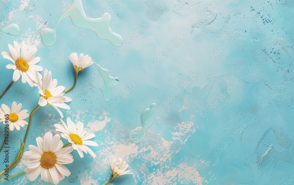 Pristine daisies float serenely against a tranquil turquoise backdrop, petals adrift in the calm expanse. The composition evokes a feeling of peaceful simplicity and zen-like calm. Pristine daisies float serenely against a tranquil turquoise backdrop, petals adrift in the calm expanse. The composition evokes a feeling of peaceful simplicity and zen-like calm.