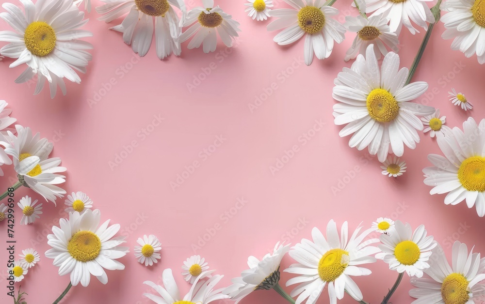 White daisies with sunny cores grace a blush pink canvas, their scattered arrangement creating a dance of shadows and light. This image is a celebration of delicate beauty and soft contrasts.