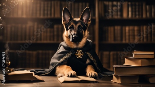 german shepherd dog A playful German Shepherd puppy dressed as a wizard, complete with a cloak and a wand, sitting in a library 