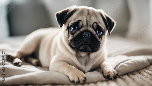 puppy sitting Pug puppy lying on a white background 