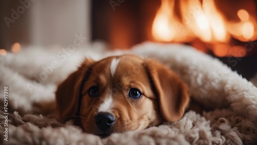 beagle puppy in winter A content Bordeaux puppy with a bright smile, lying on a cozy blanket in front of a crackling fireplace 