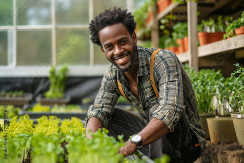 Smiling male farmer tending plants in lush greenhouse environment