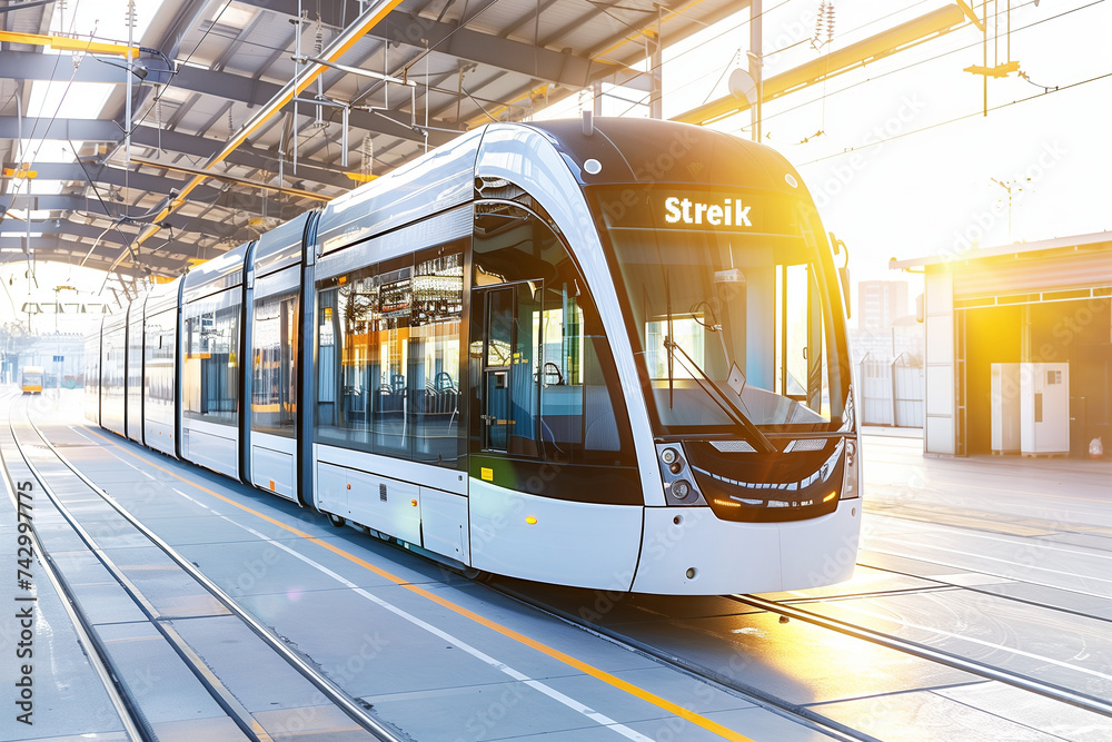 Weiße Straßenbahn im Depot mit Schriftzug