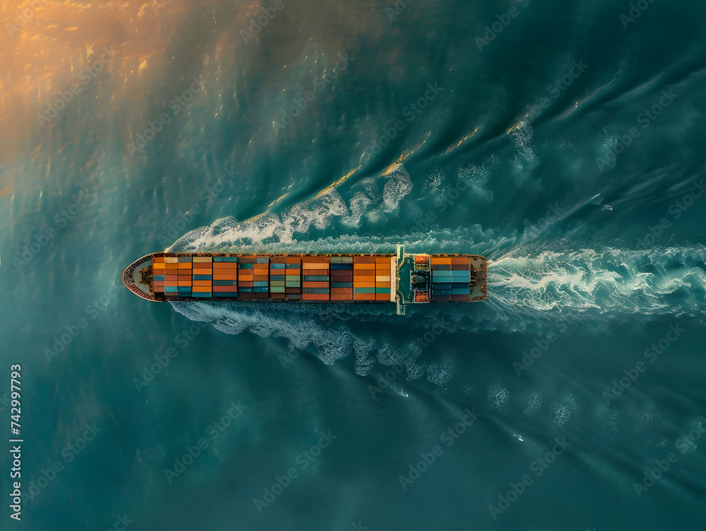 Top view of container cargo ship in the ocean cinematic photo. High quality Top view of container cargo ship in the ocean cinematic photo. High quality