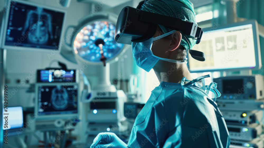 a doctor wearing VR glasses showing realistic graphics and Medical technology graphic interface screen a doctor wearing VR glasses showing realistic graphics and Medical technology graphic interface screen