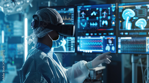 a doctor wearing VR glasses showing realistic graphics and Medical technology graphic interface screen