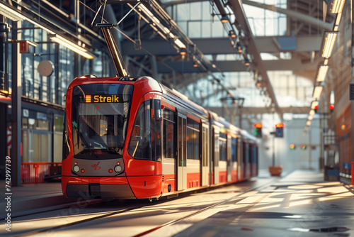Rote Straßenbahn im Depot mit Schriftzug "Streik". Öffentlicher Nahverkehr in Deutschland und Europa