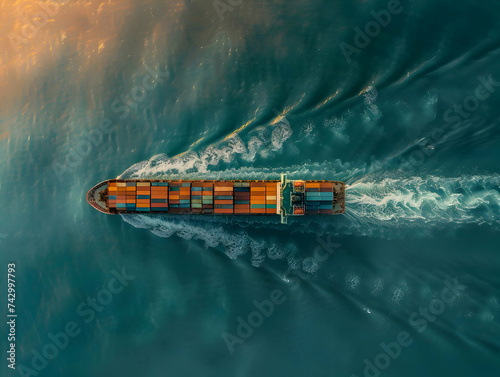 Top view of container cargo ship in the ocean cinematic photo. High quality
