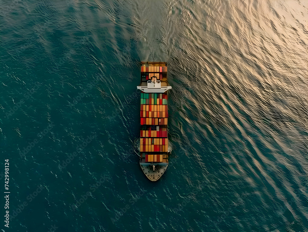 Container cargo ship in the sea cinematic top view photo. High quality