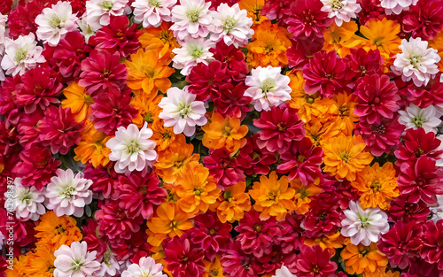  a floral wall background adorned with stunning red, orange, pink, purple, green, and white chrysanthemum flowers, generative ai