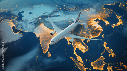 Commercial airplane flies over an illuminated global map at night