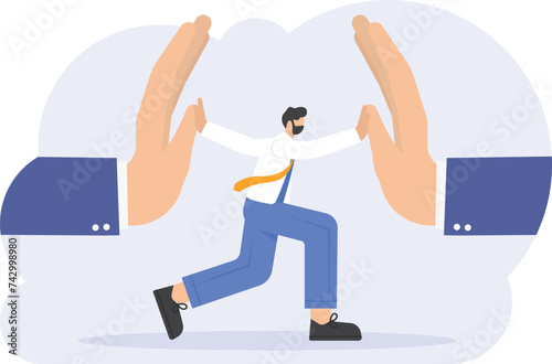 Businessman fighting big hand pressure, under pressure concept

