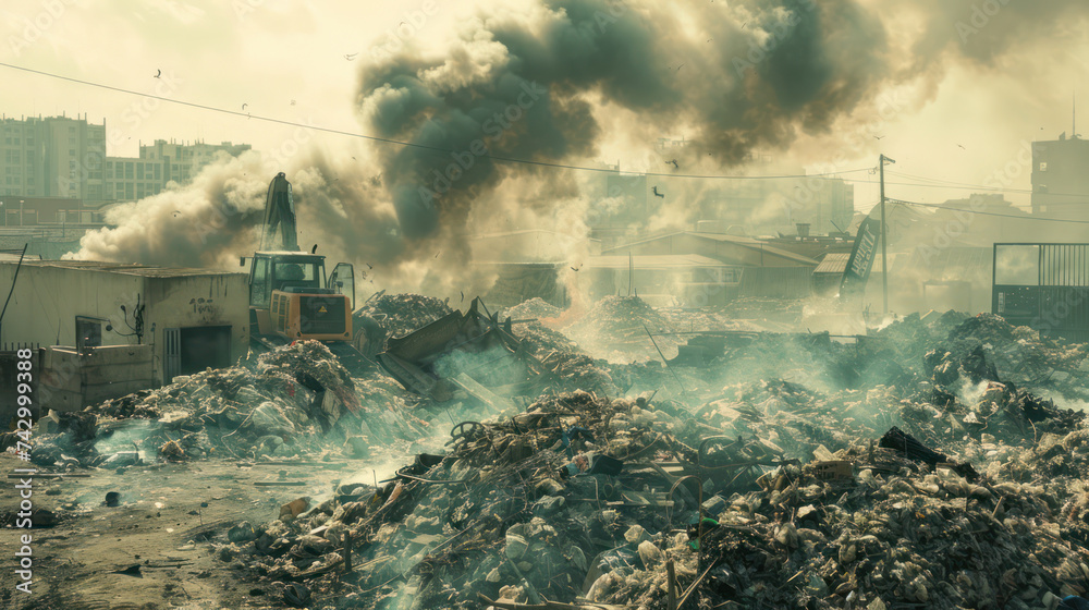 Fototapeta premium A huge garbage fire billows out smoke against the backdrop of an urban area