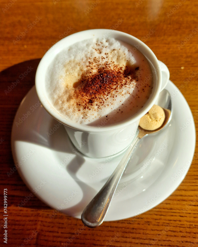 Cup of coffee cappuccino with foam oil and biscuit Cup of coffee cappuccino with foam oil and biscuit