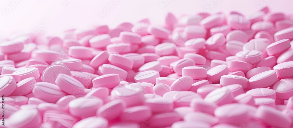 A close-up view of a heap of pink pills neatly arranged on a clean white surface. The pills are densely packed together, creating a visually striking image.
