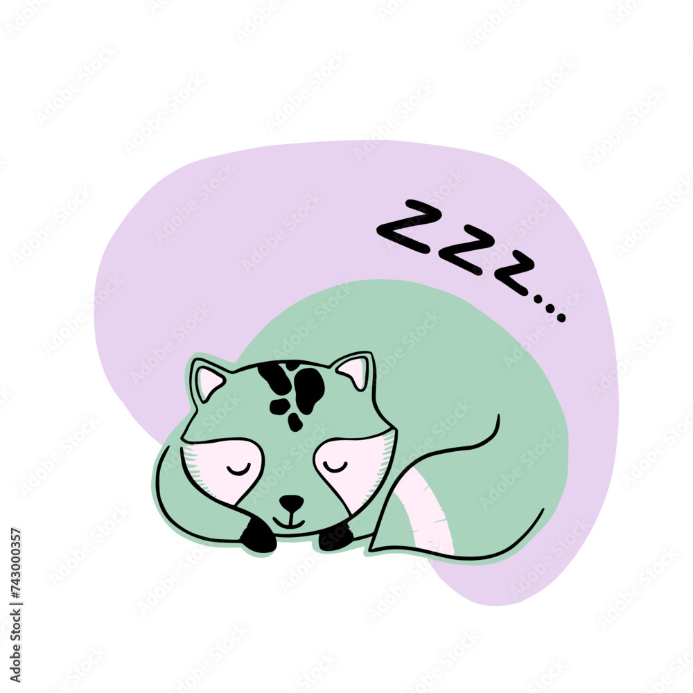 Vector flat hand drawn illustration of cute sleeping racoon. Cartoon character for invitation, poster, sticker, print and greeting card.
Vector flat hand drawn illustration of cute sleeping racoon. Cartoon character for invitation, poster, sticker, print and greeting card.