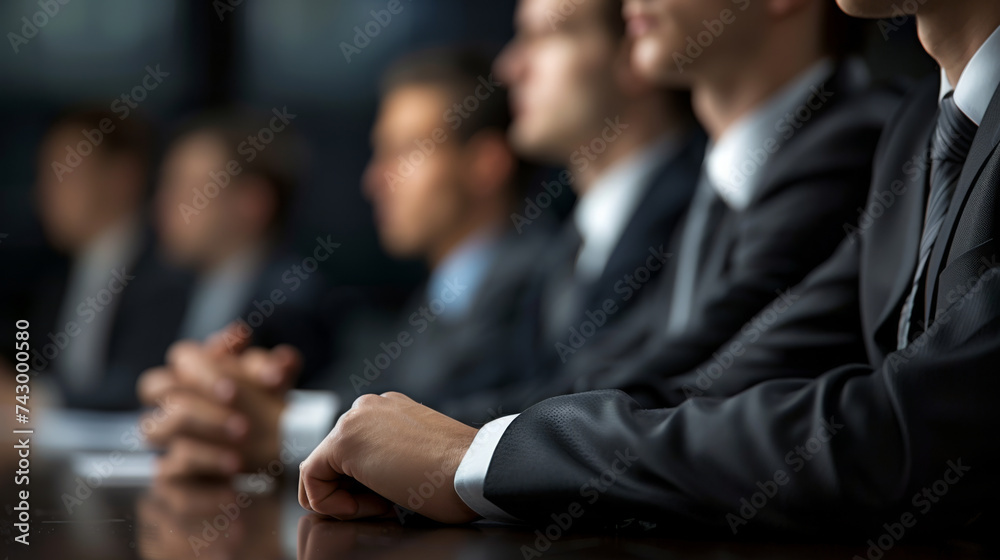 A row of professionals sitting in a business meeting with focus on clasped hands, portraying a sense of teamwork and cooperation in a corporate environment.
