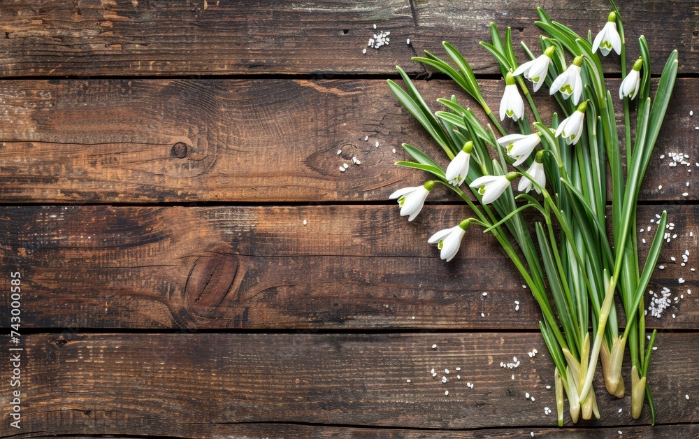 Snowdrops lay upon a rustic wooden texture, blending the delicate signs of spring with the warmth of a country setting.