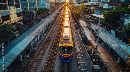 The BTS Skytrain runs on tracks in Bangkok, Thailand.