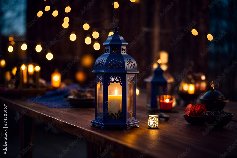 ramadan lantern hanging from a crescent