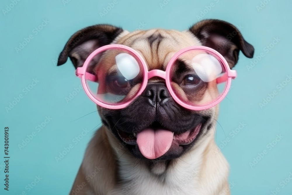 Joyful pug wearing oversized pink glasses, tongue out in a happy expression against a pastel blue backdrop.