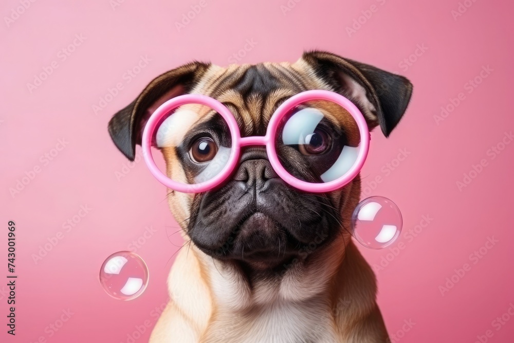 Humorous pug in oversized pink glasses stares with curiosity at soap bubbles on a striking pink backdrop.