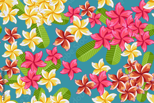 Colorful Plumeria Floral Seamless Pattern. Vector design in Hawaiian Style for fabric, clothing, wrapping, wallpaper, and background